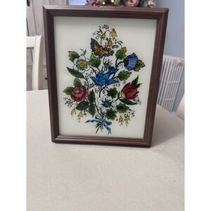 Signed Reverse Glass Painting Folk Art Floral Bird Butterfly Hand Painted Framed